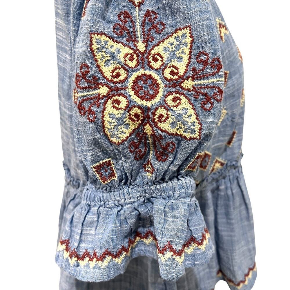 FREE PEOPLE Tallulah Embroidered Chambray Puff Sleeve Cropped Top Size S - Picture 8 of 13